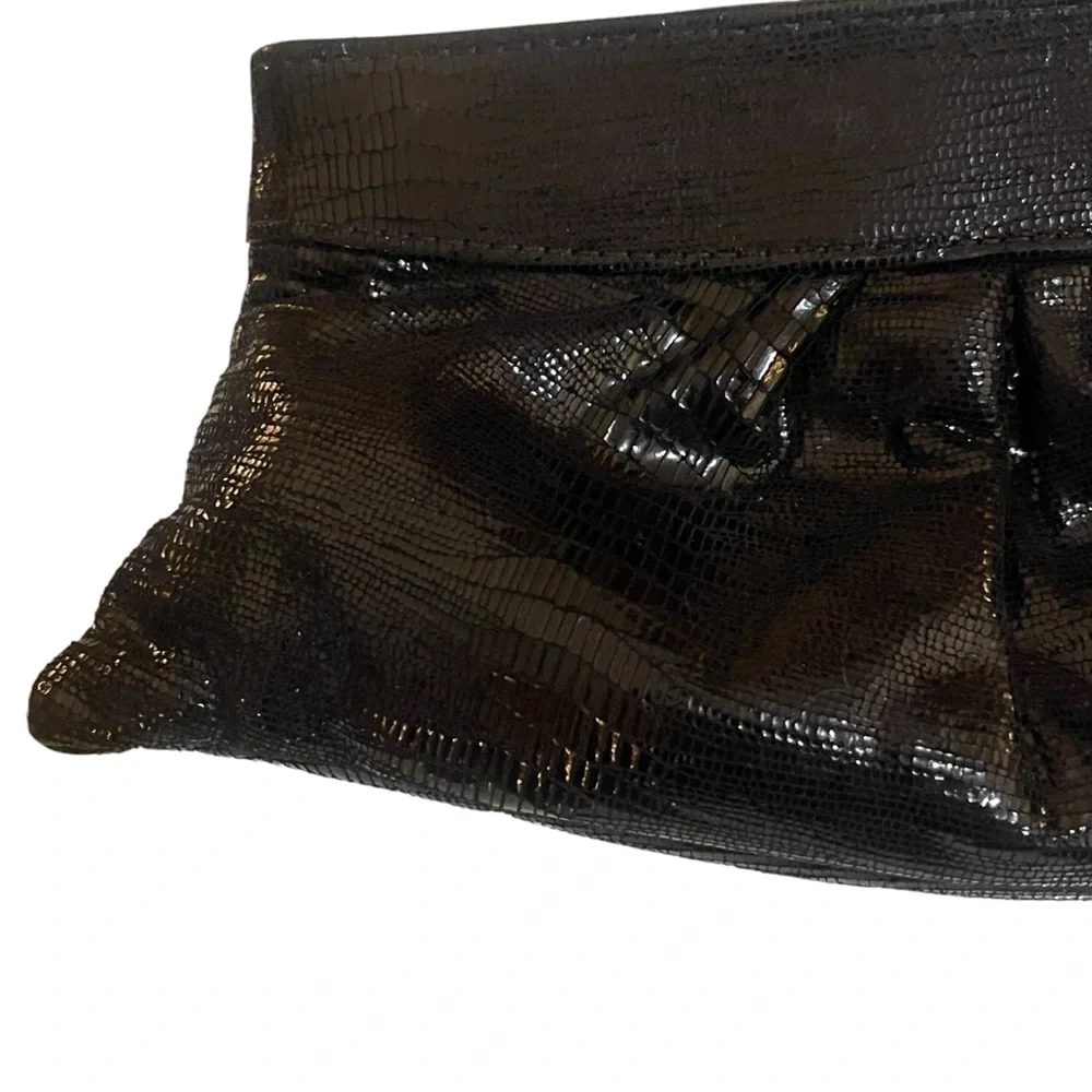 Lauren Merkin Black Shiny Faux Snakeskin Embossed Eve Leather Evening Clutch Bag